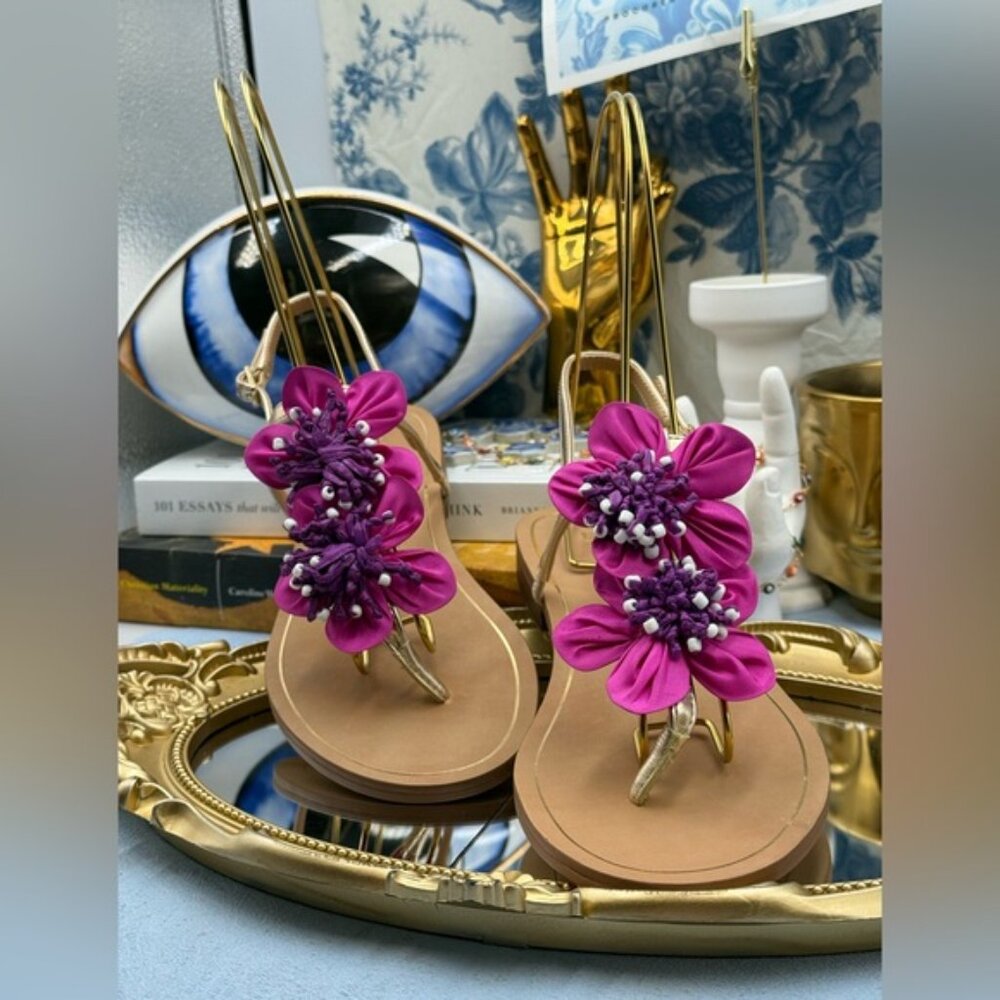 🆕 CHICO'S 🧿 NWOB Sunset Flower Sandal, Pink Hand Beaded Flower Detail - Sz 7US - Picture 8 of 13
